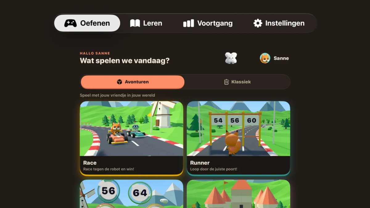 Het beginscherm van Maaltafels op Apple TV, met Race en Runner